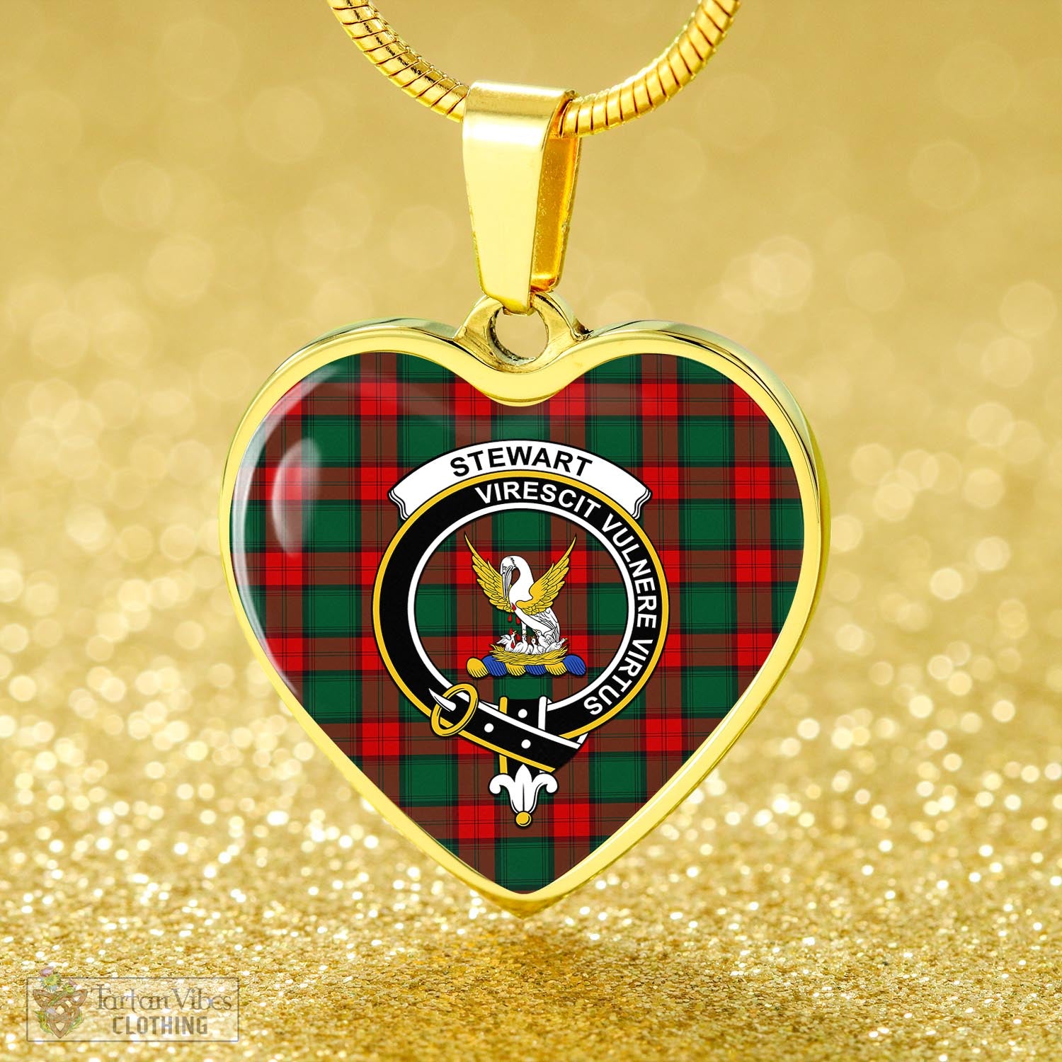 Tartan Vibes Clothing Stewart Atholl Modern Tartan Heart Necklace with Family Crest