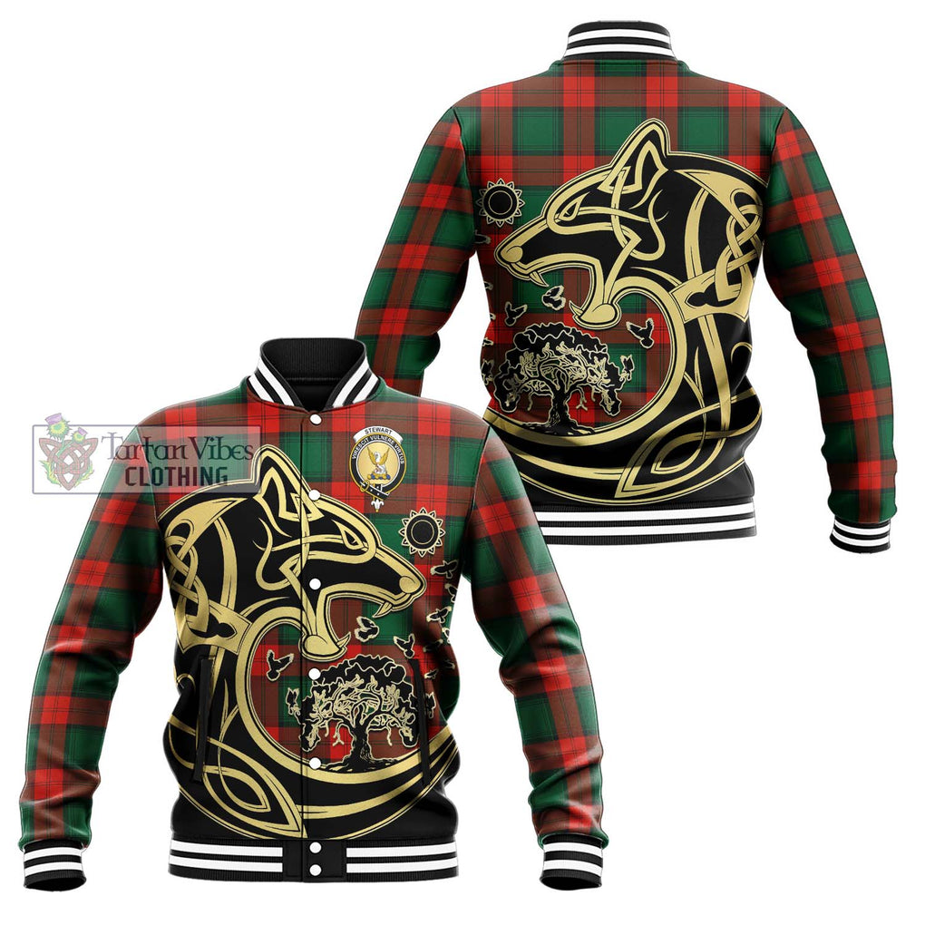 Stewart Atholl Modern Tartan Baseball Jacket with Family Crest Celtic Wolf Style Unisex - Tartan Vibes Clothing