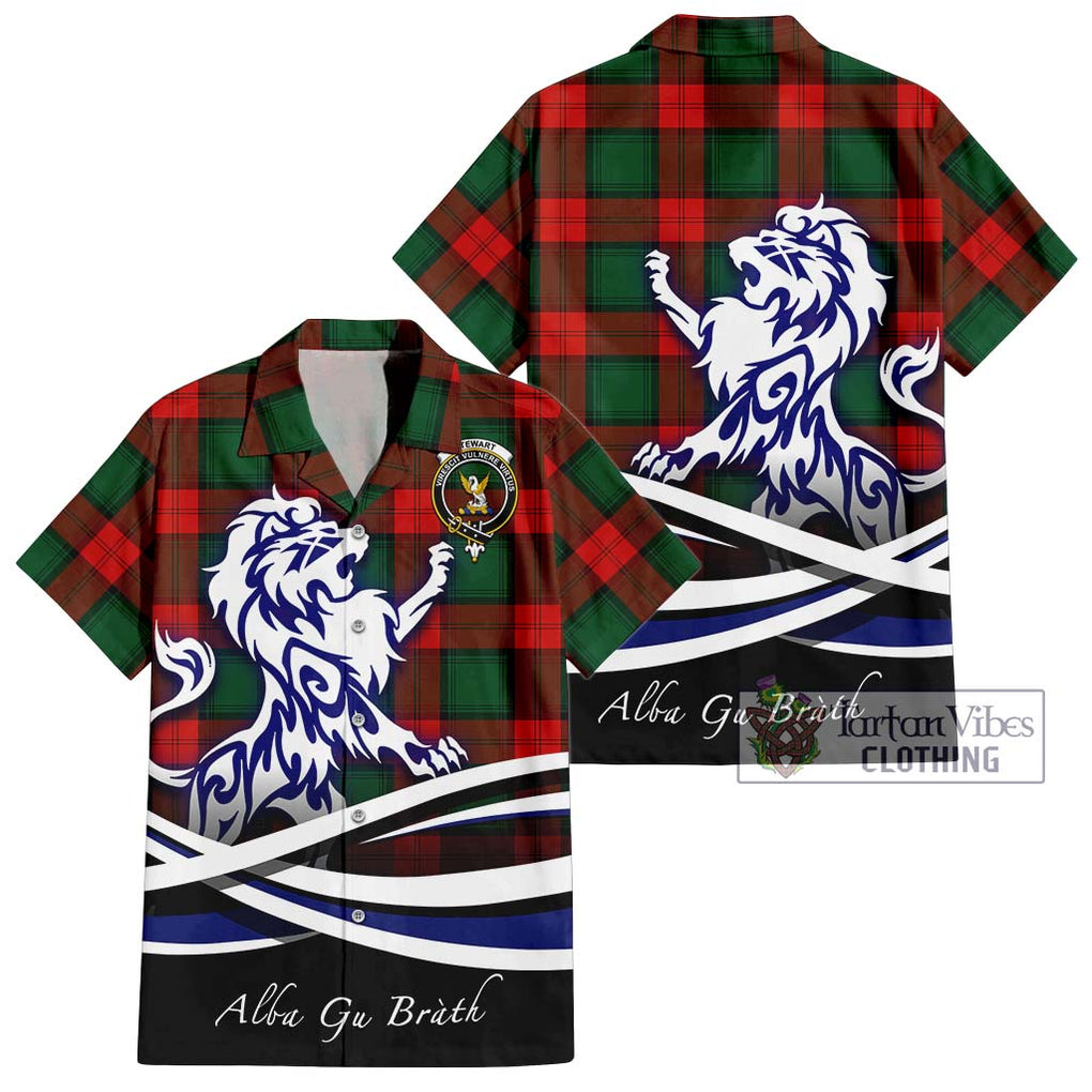 Stewart Atholl Modern Tartan Short Sleeve Button Shirt with Alba Gu Brath Regal Lion Emblem Kid - Tartanvibesclothing Shop