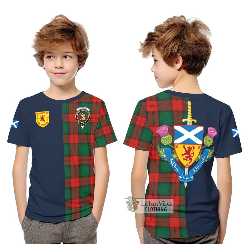 Tartan Vibes Clothing Stewart Atholl Modern Tartan Kid T-Shirt with Scottish Lion Royal Arm Half Style