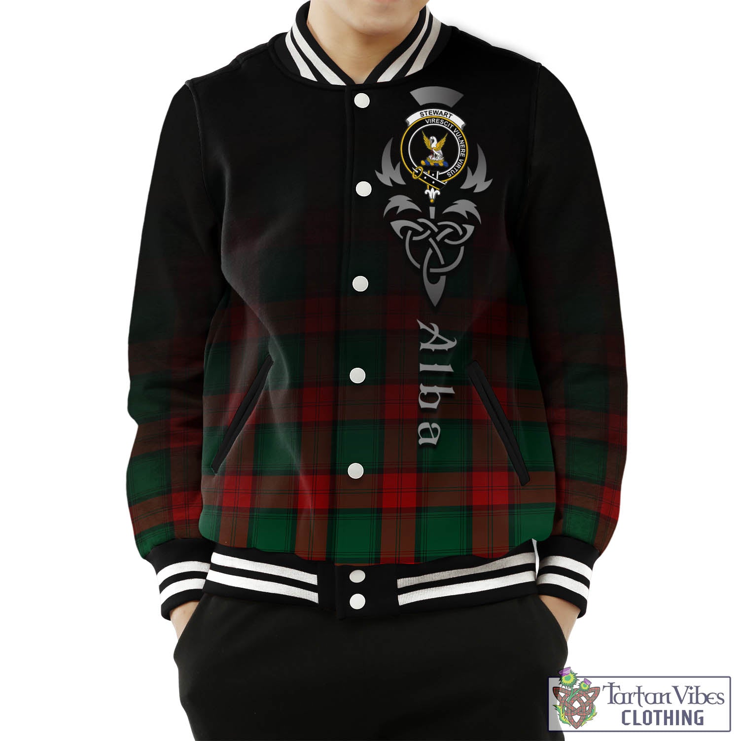 Tartan Vibes Clothing Stewart Atholl Modern Tartan Baseball Jacket Featuring Alba Gu Brath Family Crest Celtic Inspired