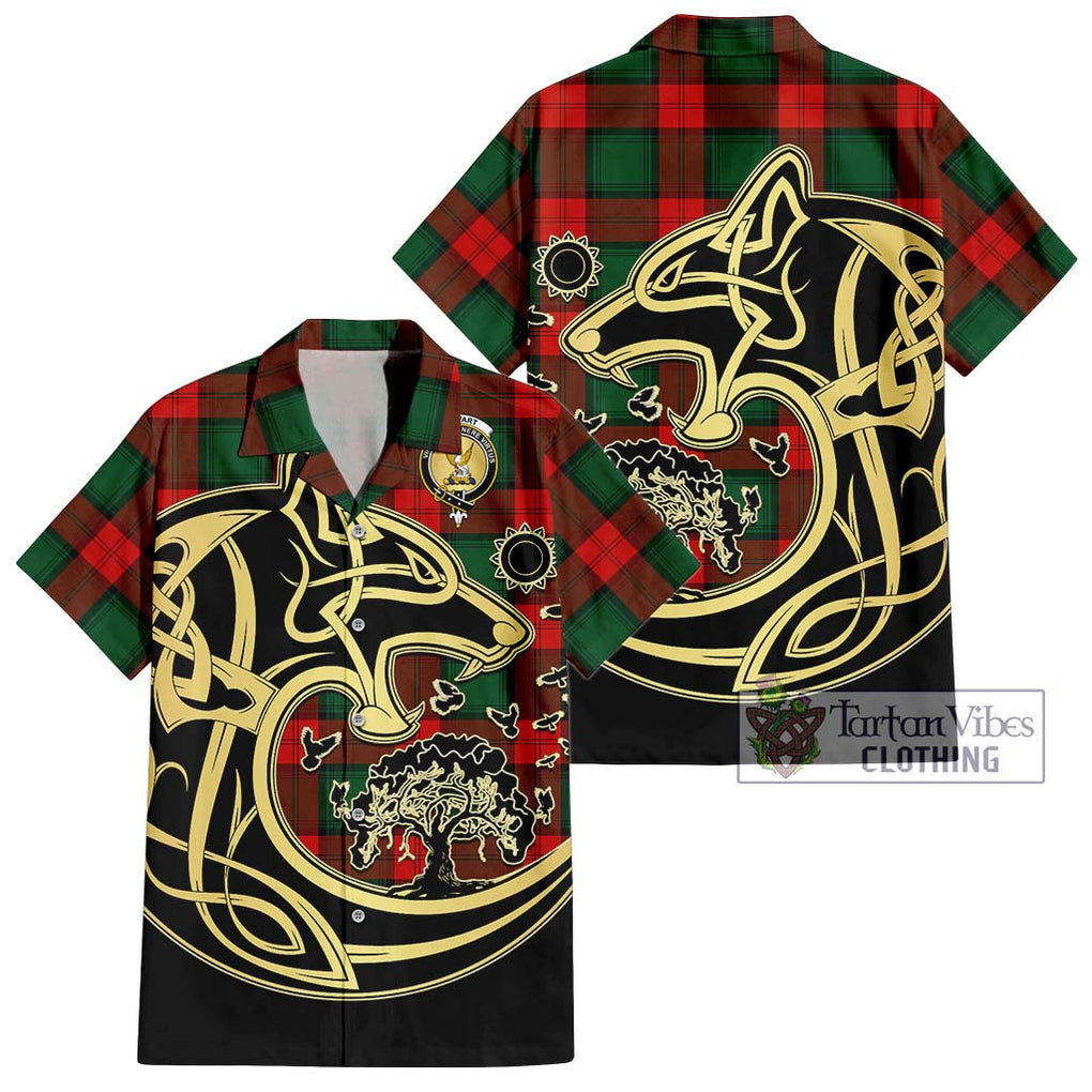 Stewart Atholl Modern Tartan Short Sleeve Button Shirt with Family Crest Celtic Wolf Style Kid - Tartan Vibes Clothing