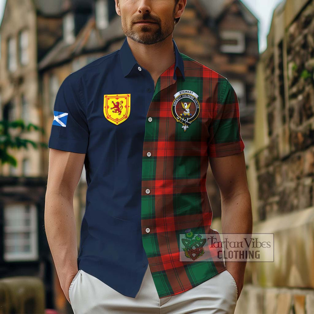 Tartan Vibes Clothing Stewart Atholl Modern Tartan Short Sleeve Button Shirt with Scottish Lion Royal Arm Half Style