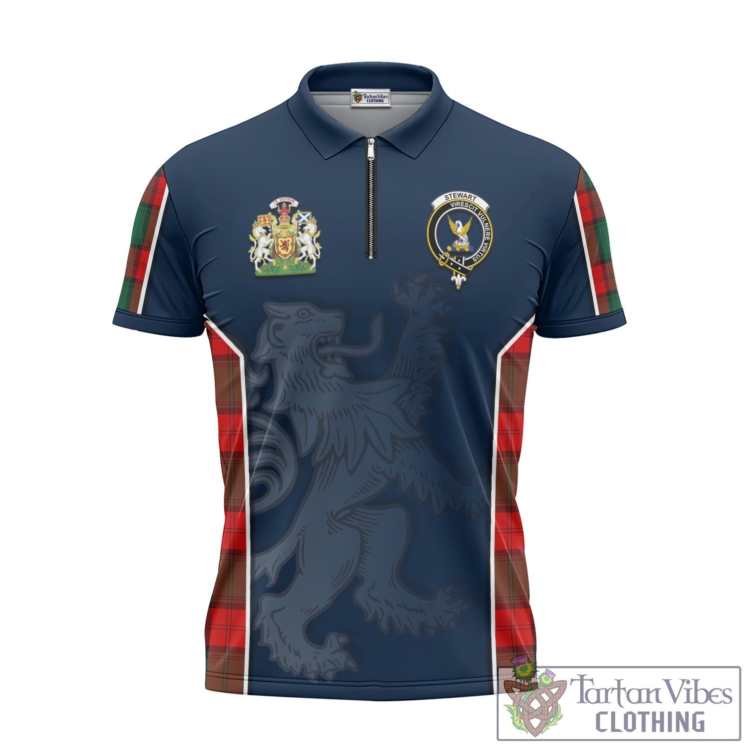 Tartan Vibes Clothing Stewart Atholl Modern Tartan Zipper Polo Shirt with Family Crest and Lion Rampant Vibes Sport Style