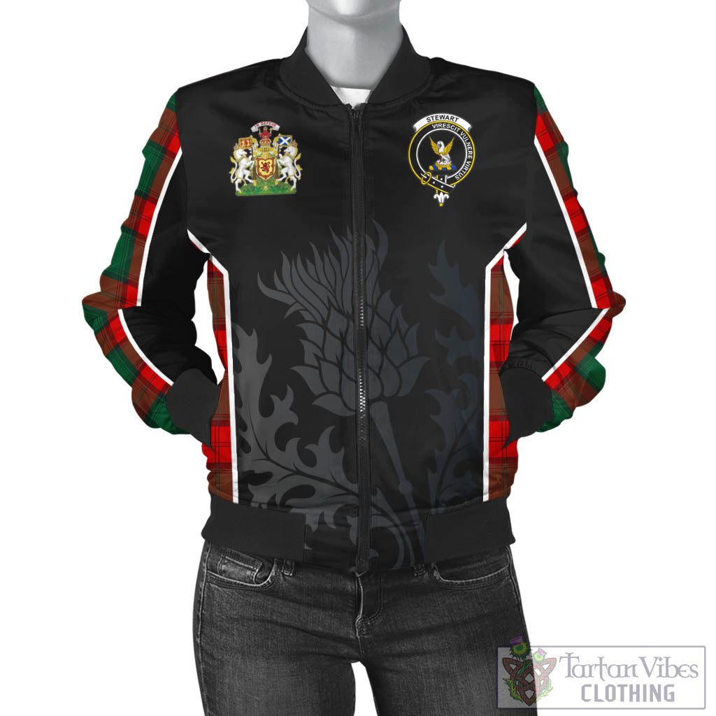 Tartan Vibes Clothing Stewart Atholl Modern Tartan Bomber Jacket with Family Crest and Scottish Thistle Vibes Sport Style