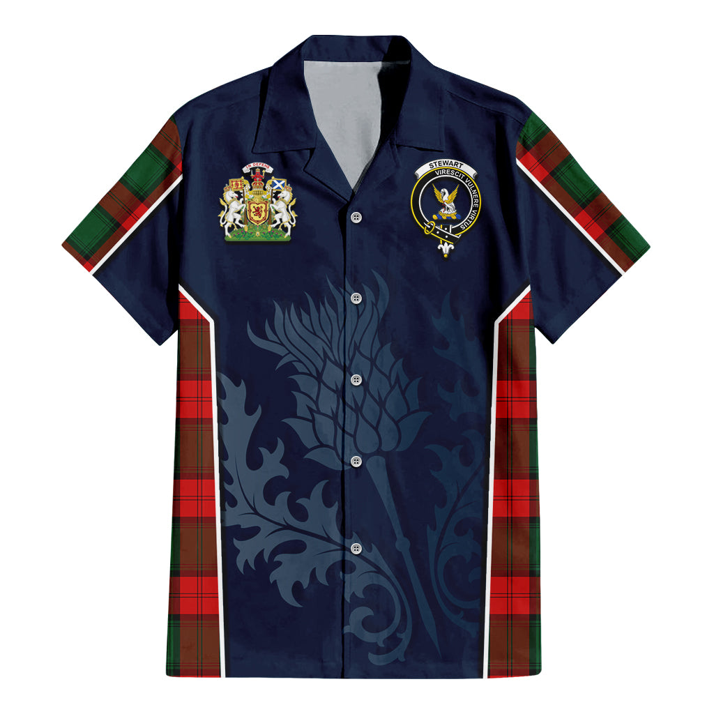 Tartan Vibes Clothing Stewart Atholl Modern Tartan Short Sleeve Button Up Shirt with Family Crest and Scottish Thistle Vibes Sport Style