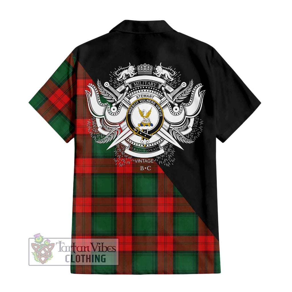 Stewart Atholl Modern Tartan Short Sleeve Button Shirt with Family Crest and Military Logo Style - Tartanvibesclothing Shop