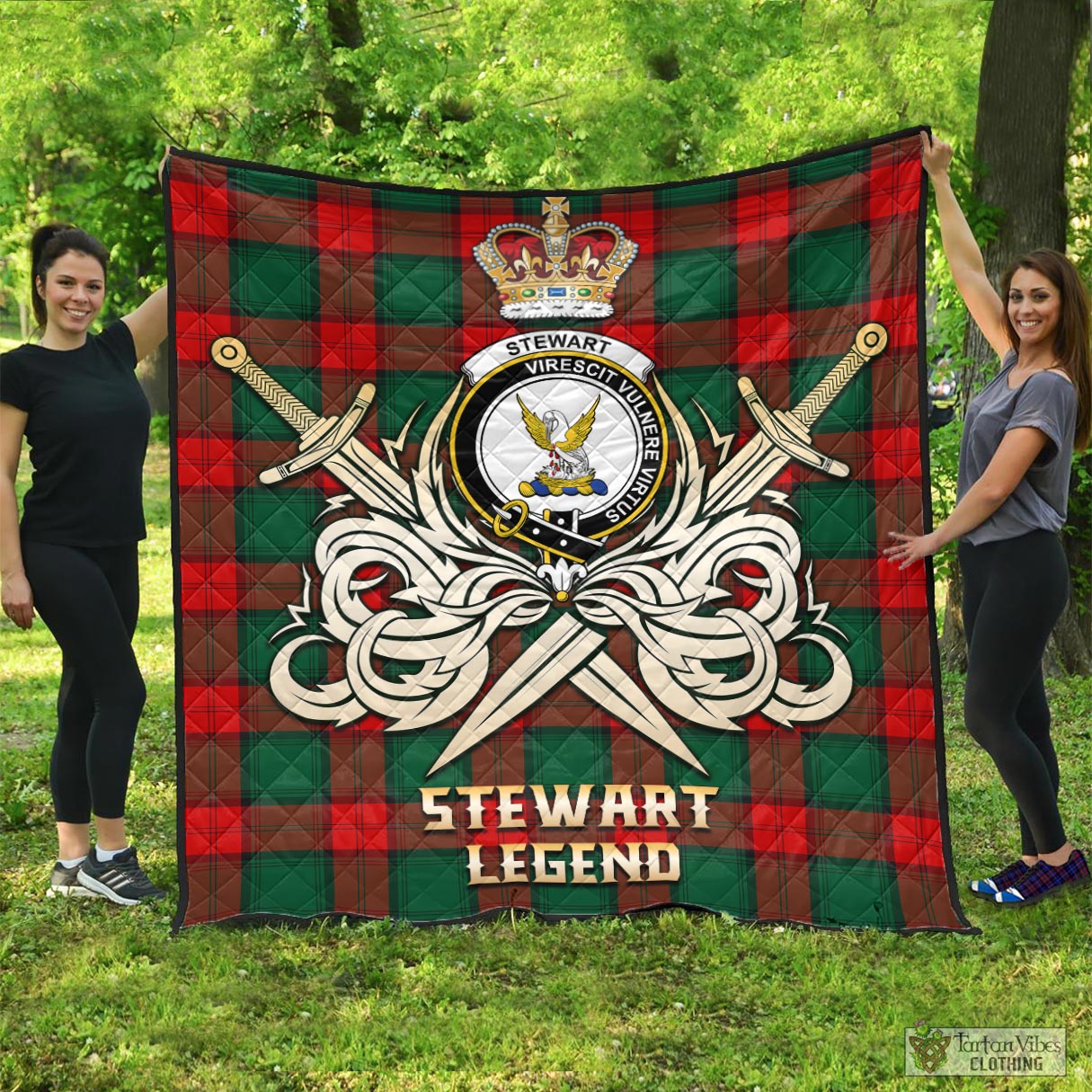 Tartan Vibes Clothing Stewart Atholl Modern Tartan Quilt with Clan Crest and the Golden Sword of Courageous Legacy