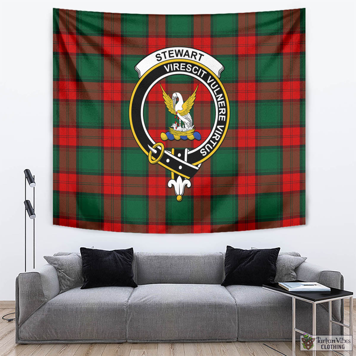 Tartan Vibes Clothing Stewart Atholl Modern Tartan Tapestry Wall Hanging and Home Decor for Room with Family Crest