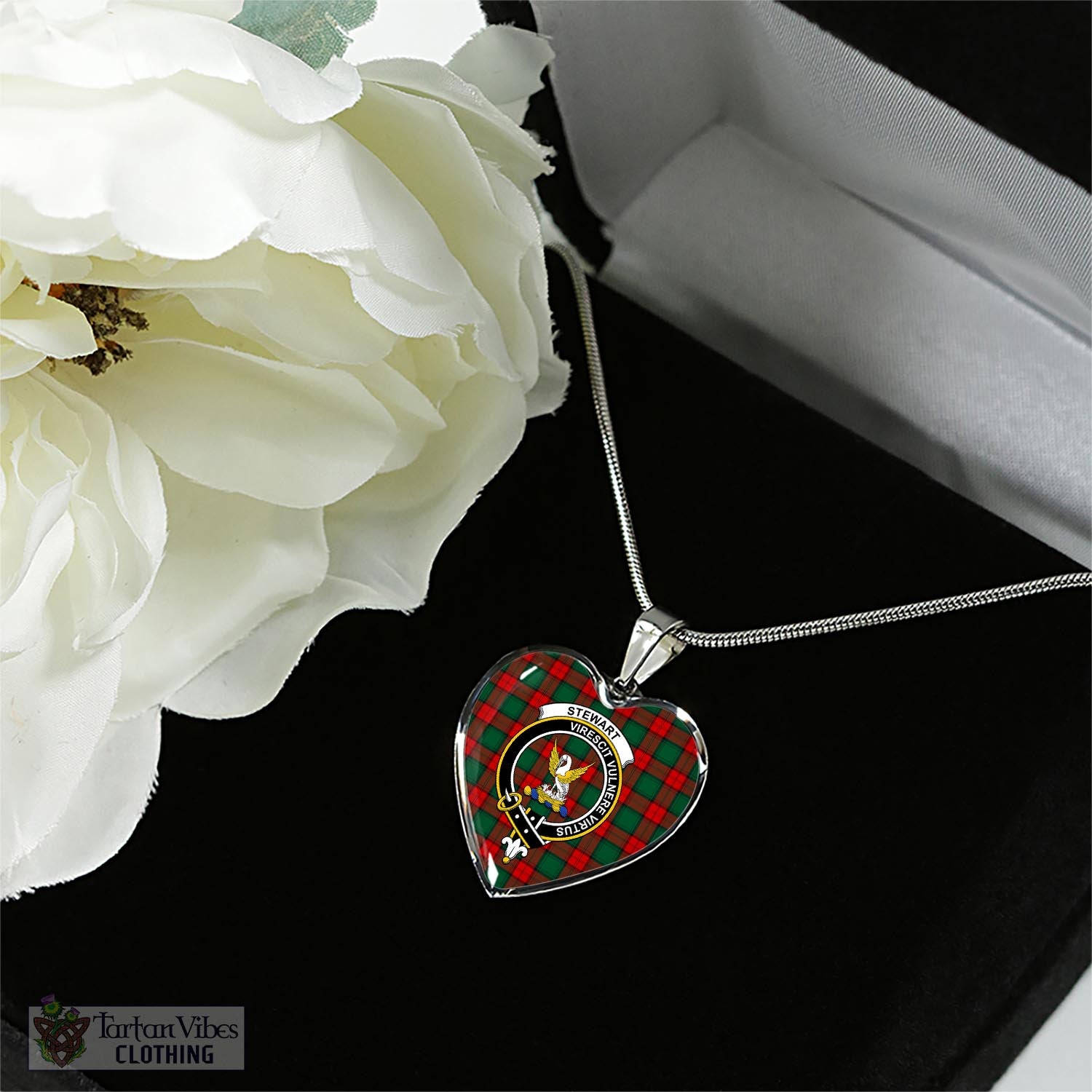 Tartan Vibes Clothing Stewart Atholl Modern Tartan Heart Necklace with Family Crest