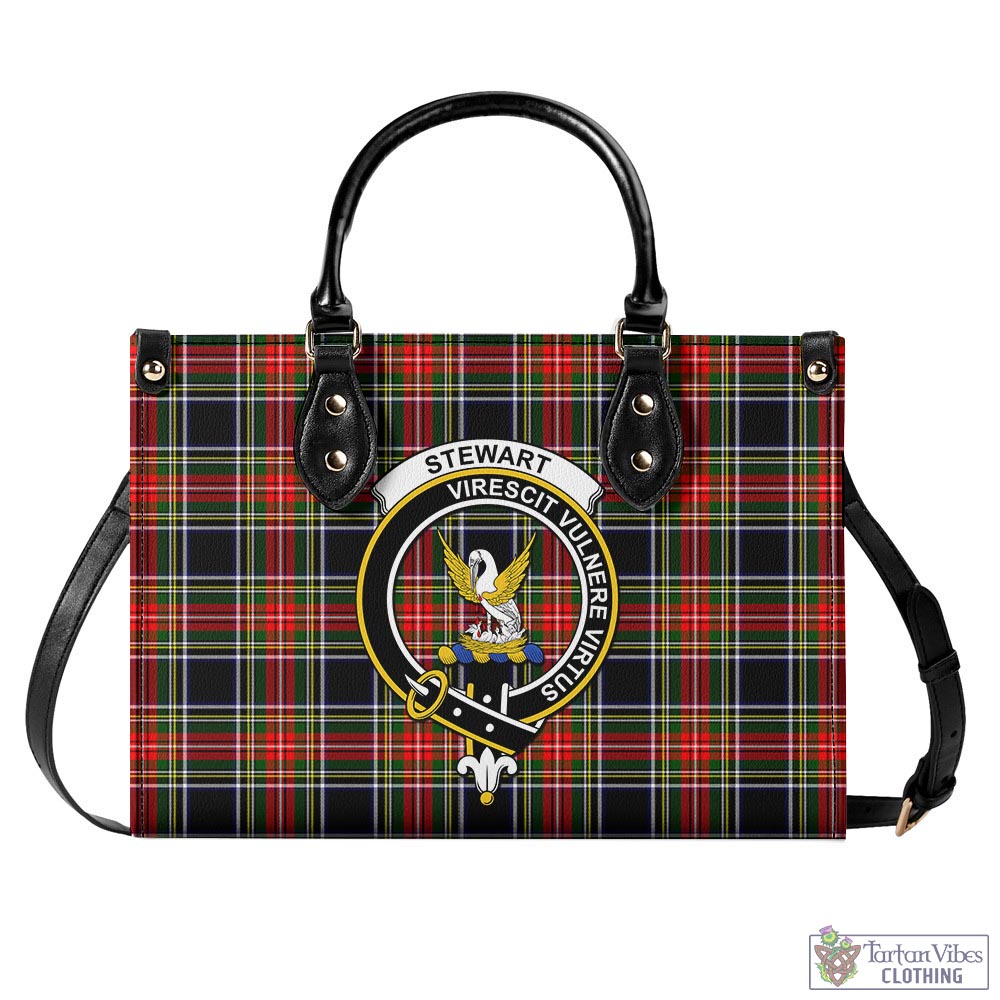 Tartan Vibes Clothing Stewart Black Tartan Luxury Leather Handbags with Family Crest