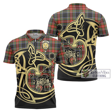 Stewart Black Tartan Zipper Polo Shirt with Family Crest Celtic Wolf Style