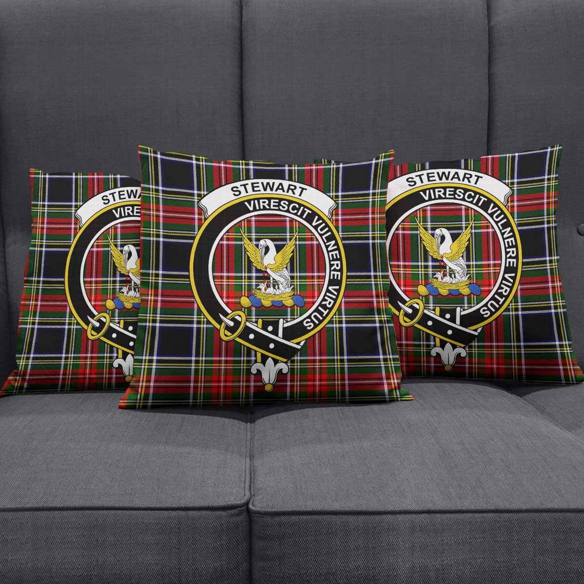 Stewart Black Tartan Pillow Cover with Family Crest Square Pillow Cover - Tartanvibesclothing