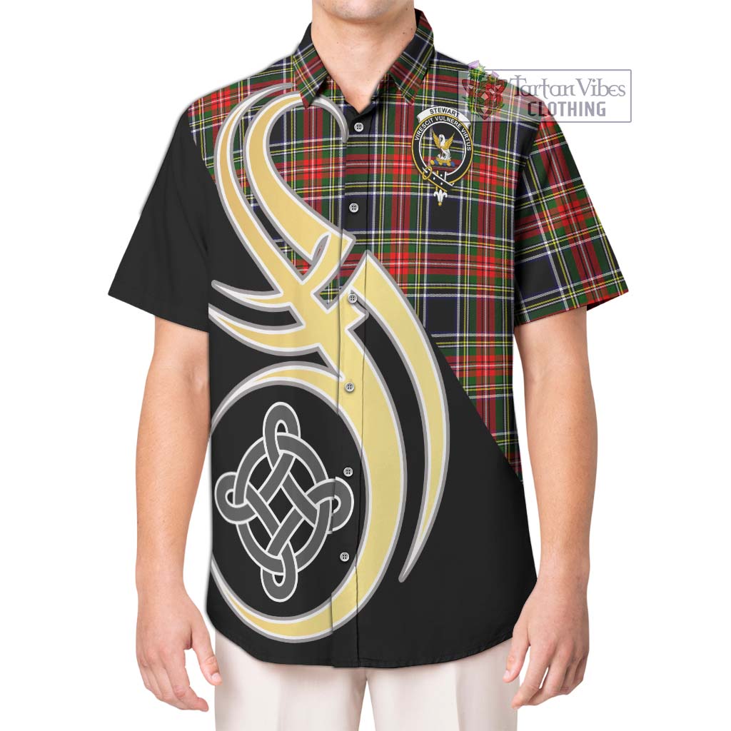 Stewart Black Tartan Short Sleeve Button Shirt with Family Crest and Celtic Symbol Style Kid - Tartan Vibes Clothing