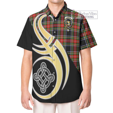 Stewart Black Tartan Short Sleeve Button Shirt with Family Crest and Celtic Symbol Style