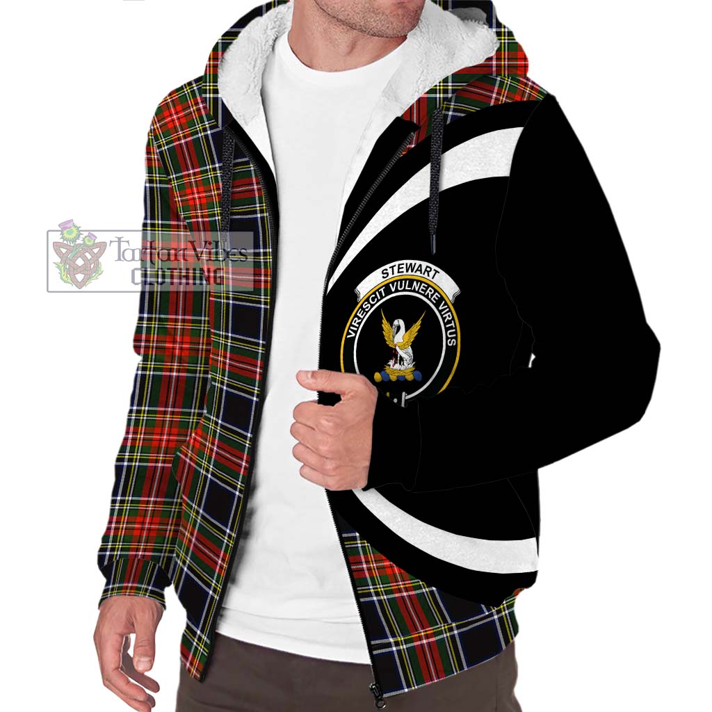 Stewart Black Tartan Sherpa Hoodie with Family Crest Circle Style Unisex S - Tartan Vibes Clothing