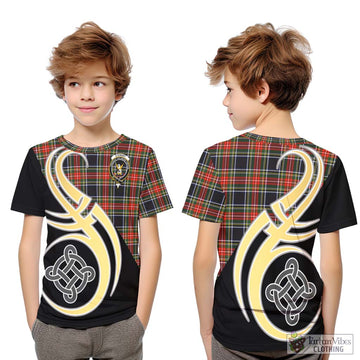 Stewart Black Tartan Kid T-Shirt with Family Crest and Celtic Symbol Style