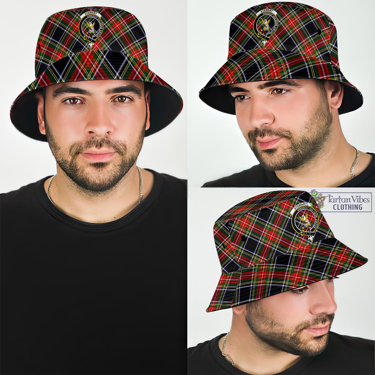 Tartan Vibes Clothing Stewart Black Tartan Bucket Hat with Family Crest