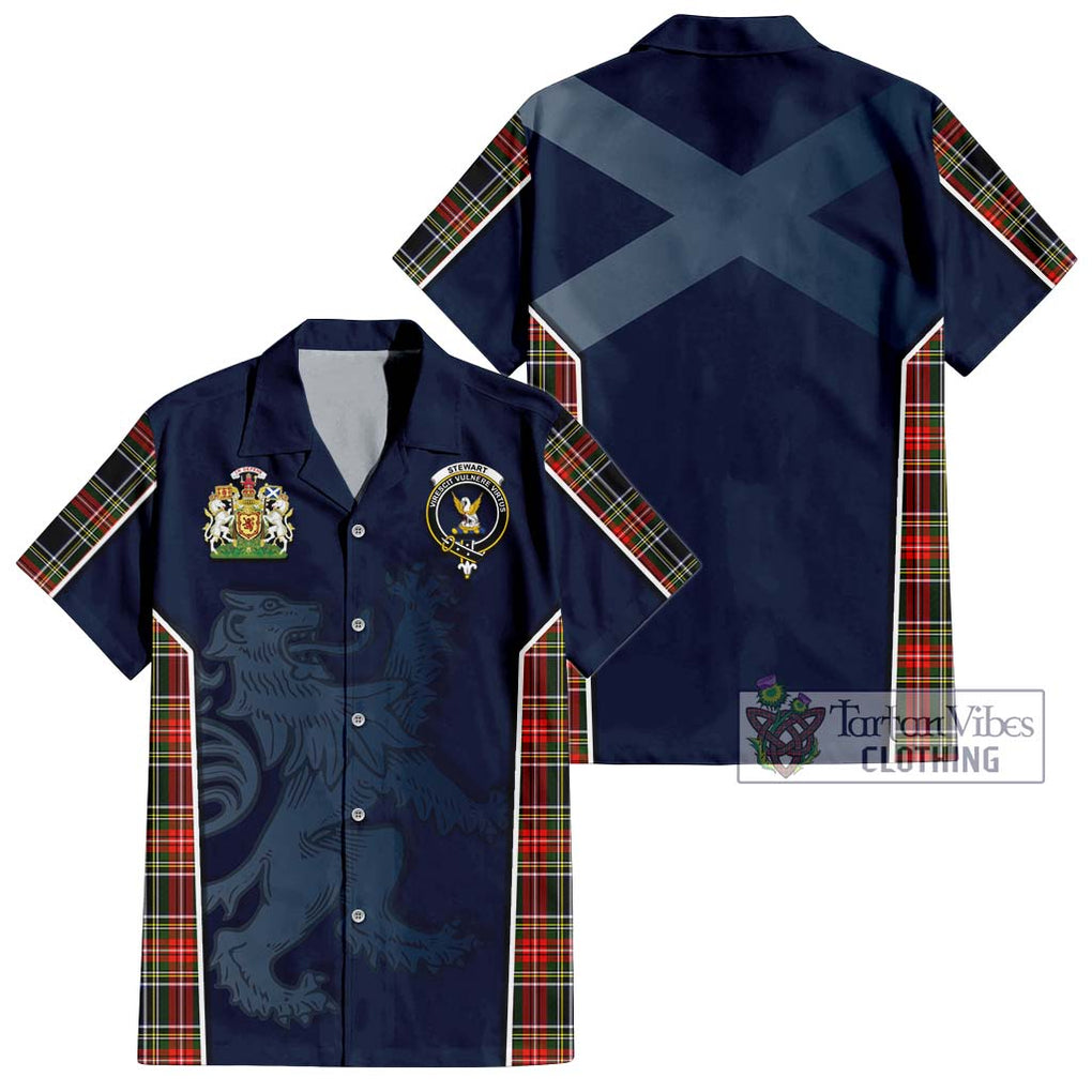 Stewart Black Tartan Short Sleeve Button Shirt with Family Crest and Lion Rampant Vibes Sport Style Kid - Tartan Vibes Clothing