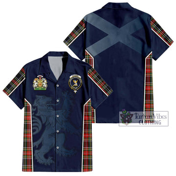 Stewart Black Tartan Short Sleeve Button Shirt with Family Crest and Lion Rampant Vibes Sport Style