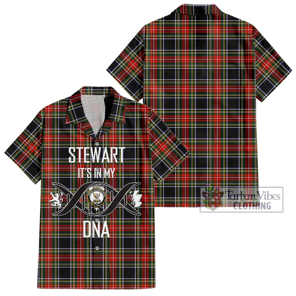 Stewart Black Tartan Short Sleeve Button Shirt with Family Crest DNA In Me Style Kid - Tartanvibesclothing Shop