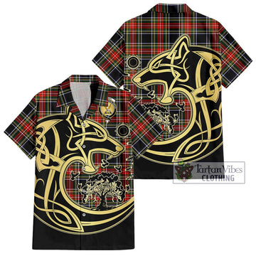 Stewart Black Tartan Short Sleeve Button Shirt with Family Crest Celtic Wolf Style