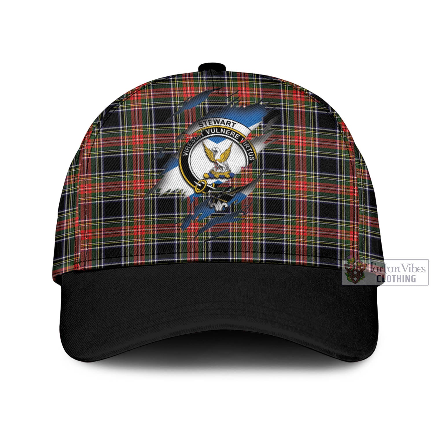 Tartan Vibes Clothing Stewart Black Tartan Classic Cap with Family Crest In Me Style