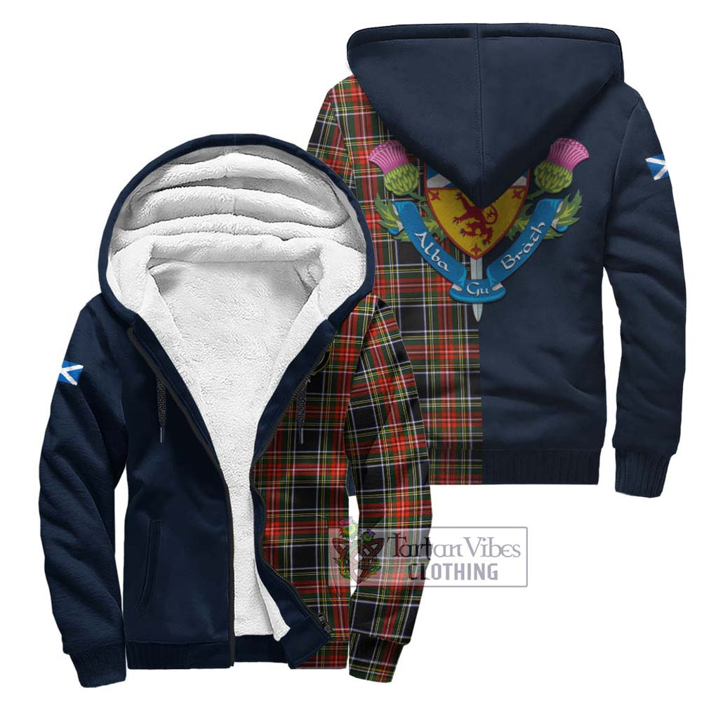 Tartan Vibes Clothing Stewart Black Tartan Sherpa Hoodie with Scottish Lion Royal Arm Half Style