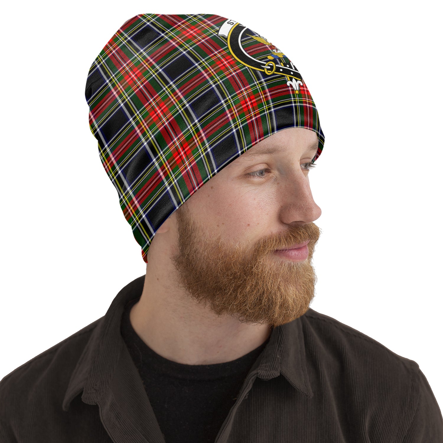 Stewart Black Tartan Beanies Hat with Family Crest One Size 10.5*10.2 inches - Tartan Vibes Clothing