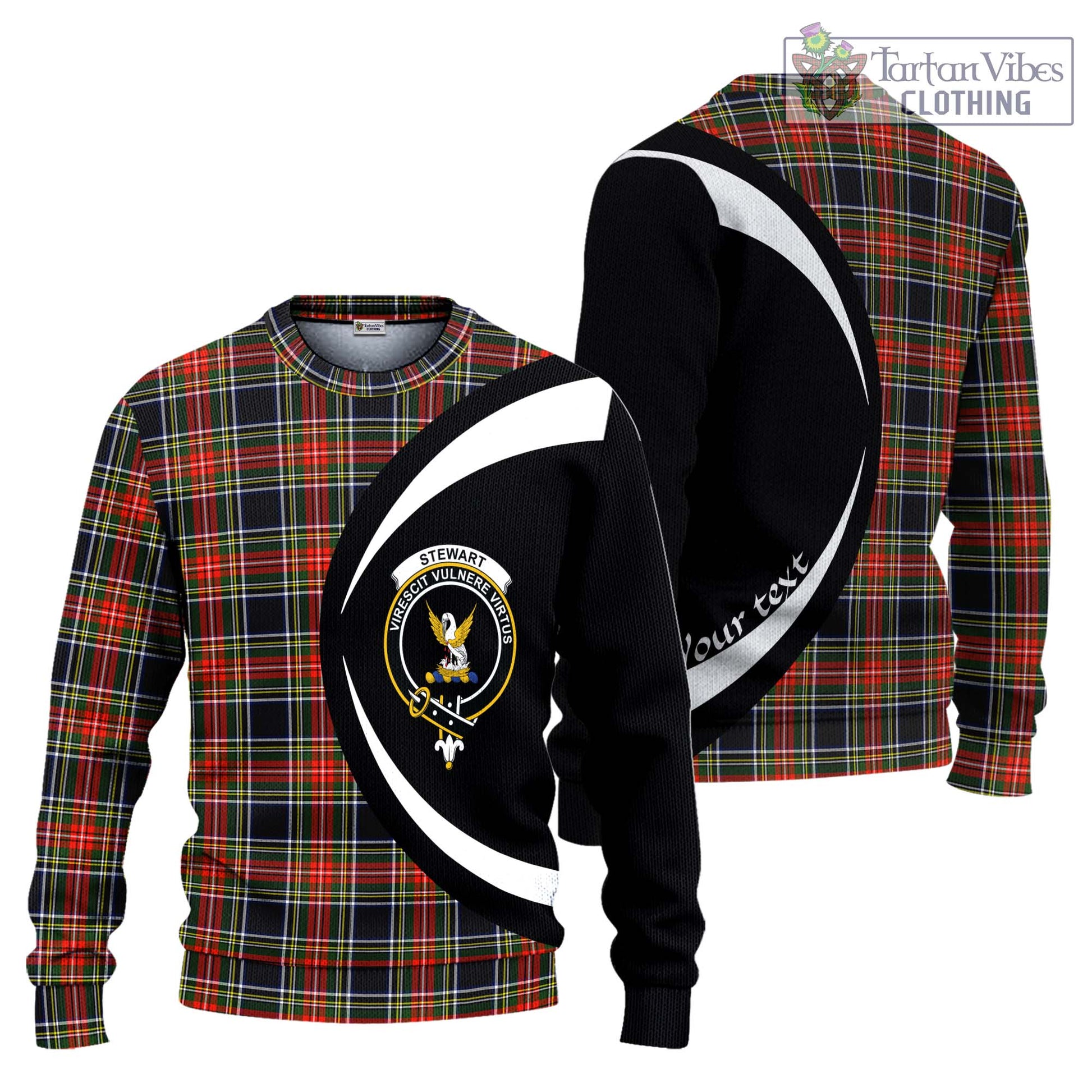 Stewart Black Tartan Knitted Sweater with Family Crest Circle Style Unisex - Tartan Vibes Clothing