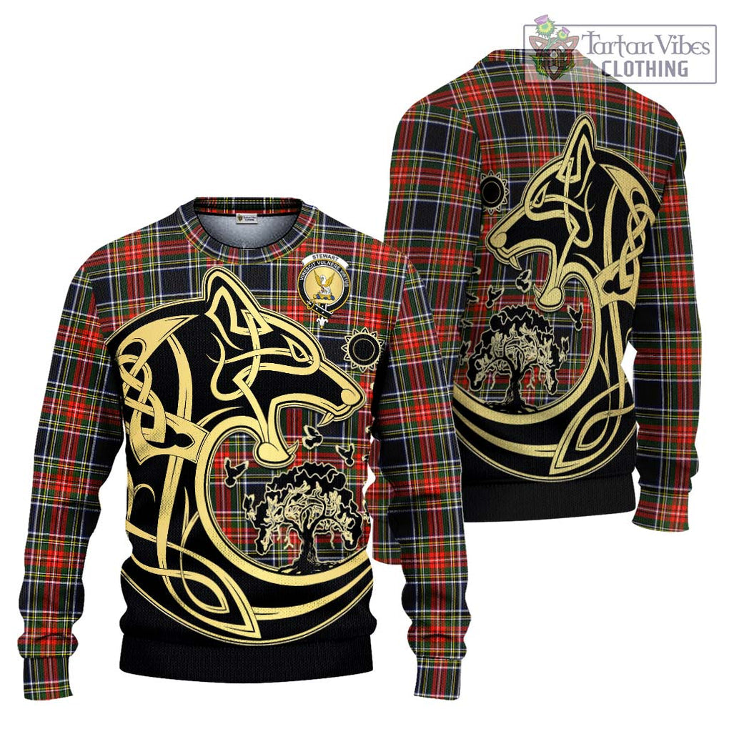 Stewart Black Tartan Knitted Sweater with Family Crest Celtic Wolf Style Unisex - Tartan Vibes Clothing