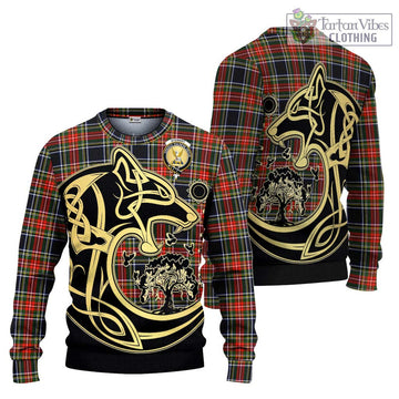 Stewart Black Tartan Ugly Sweater with Family Crest Celtic Wolf Style