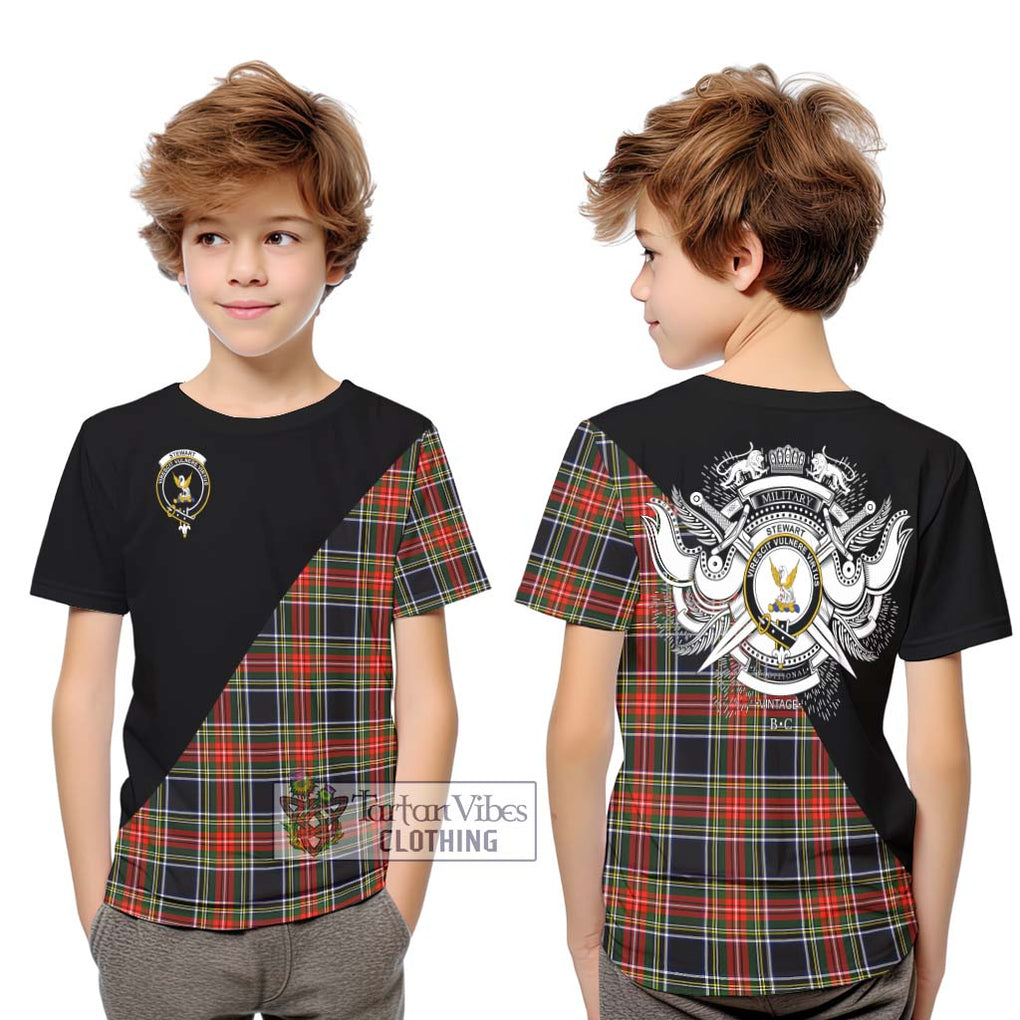 Stewart Black Tartan Kid T-Shirt with Family Crest and Military Logo Style Youth XL Size14 - Tartanvibesclothing Shop