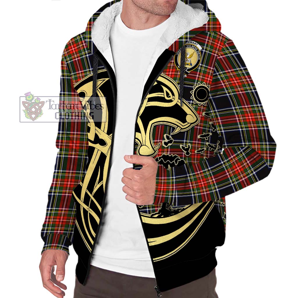 Stewart Black Tartan Sherpa Hoodie with Family Crest Celtic Wolf Style Unisex S - Tartan Vibes Clothing