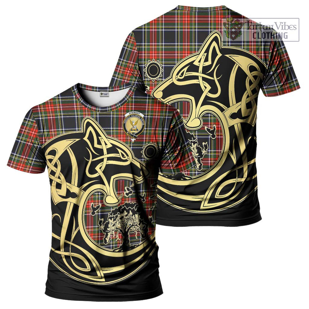 Stewart Black Tartan T-Shirt with Family Crest Celtic Wolf Style Kid's Shirt - Tartan Vibes Clothing