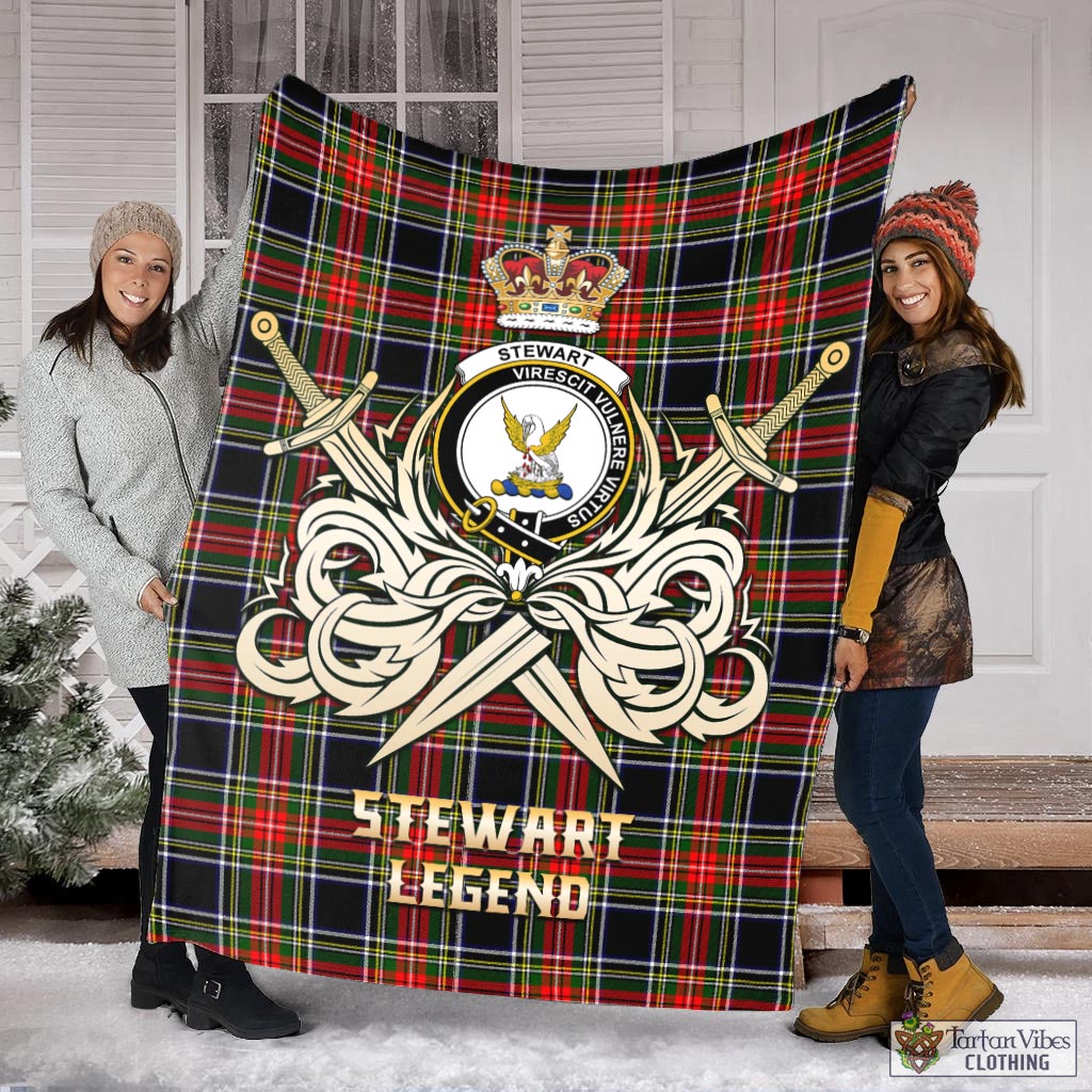 Tartan Vibes Clothing Stewart Black Tartan Blanket with Clan Crest and the Golden Sword of Courageous Legacy