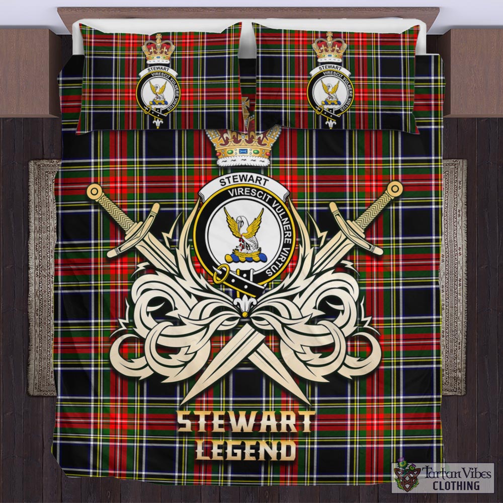 Tartan Vibes Clothing Stewart Black Tartan Bedding Set with Clan Crest and the Golden Sword of Courageous Legacy