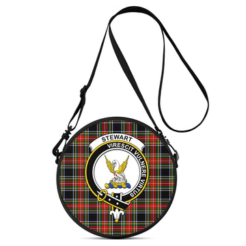 Stewart Black Tartan Round Satchel Bags with Family Crest