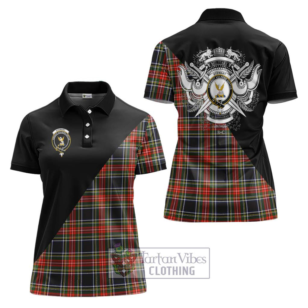 Stewart Black Tartan Women's Polo Shirt with Family Crest and Military Logo Style Women - Tartanvibesclothing Shop