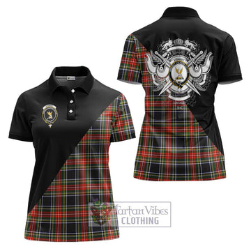 Stewart Black Tartan Women's Polo Shirt with Family Crest and Military Logo Style