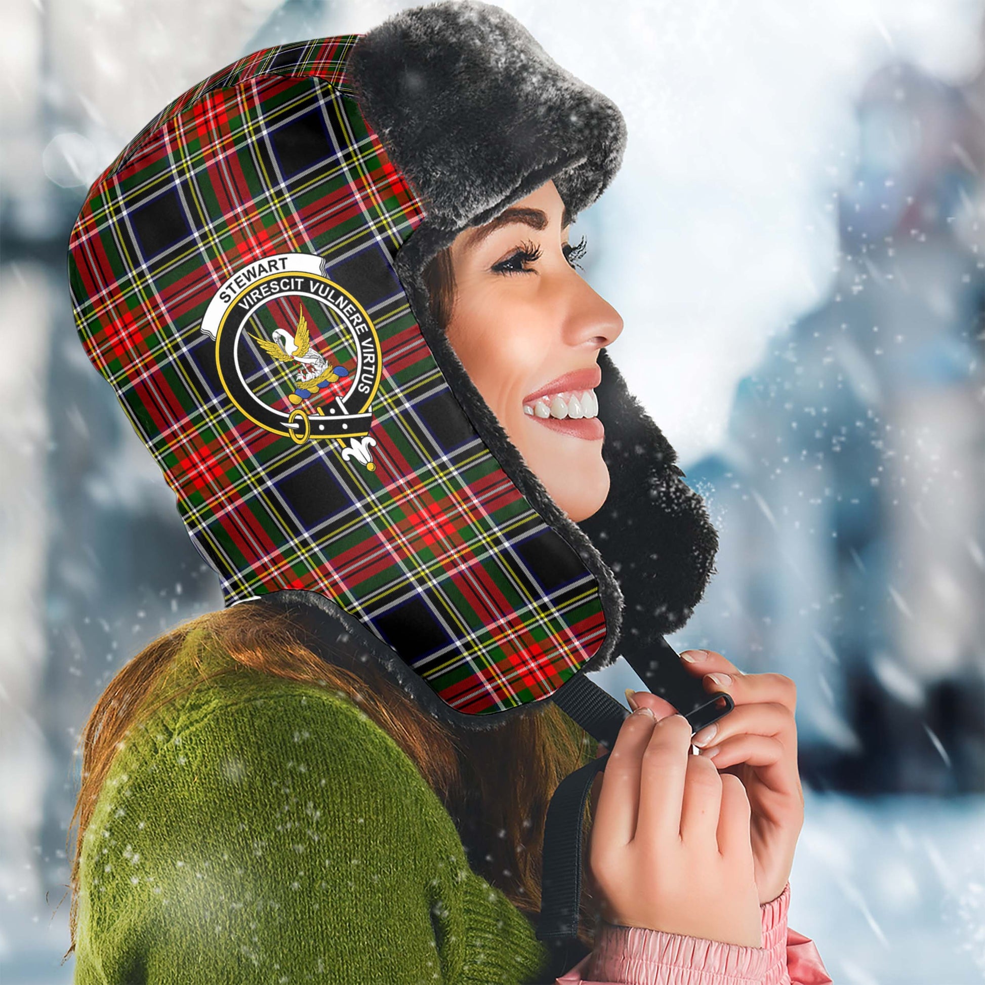 Stewart Black Tartan Winter Trapper Hat with Family Crest Winter Trapper Hat Universal Fit Circumference 22.8in (58cm) - Tartanvibesclothing