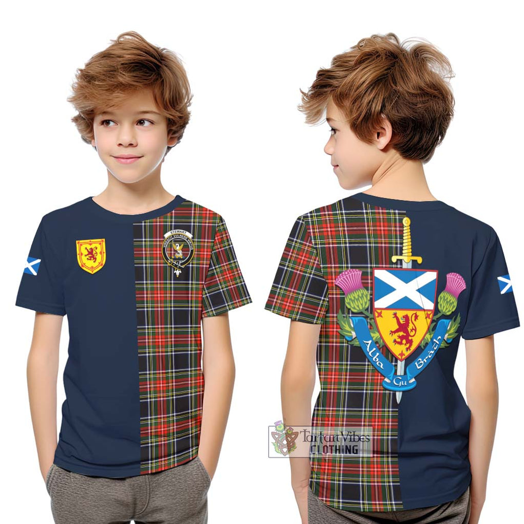 Tartan Vibes Clothing Stewart Black Tartan Kid T-Shirt with Scottish Lion Royal Arm Half Style