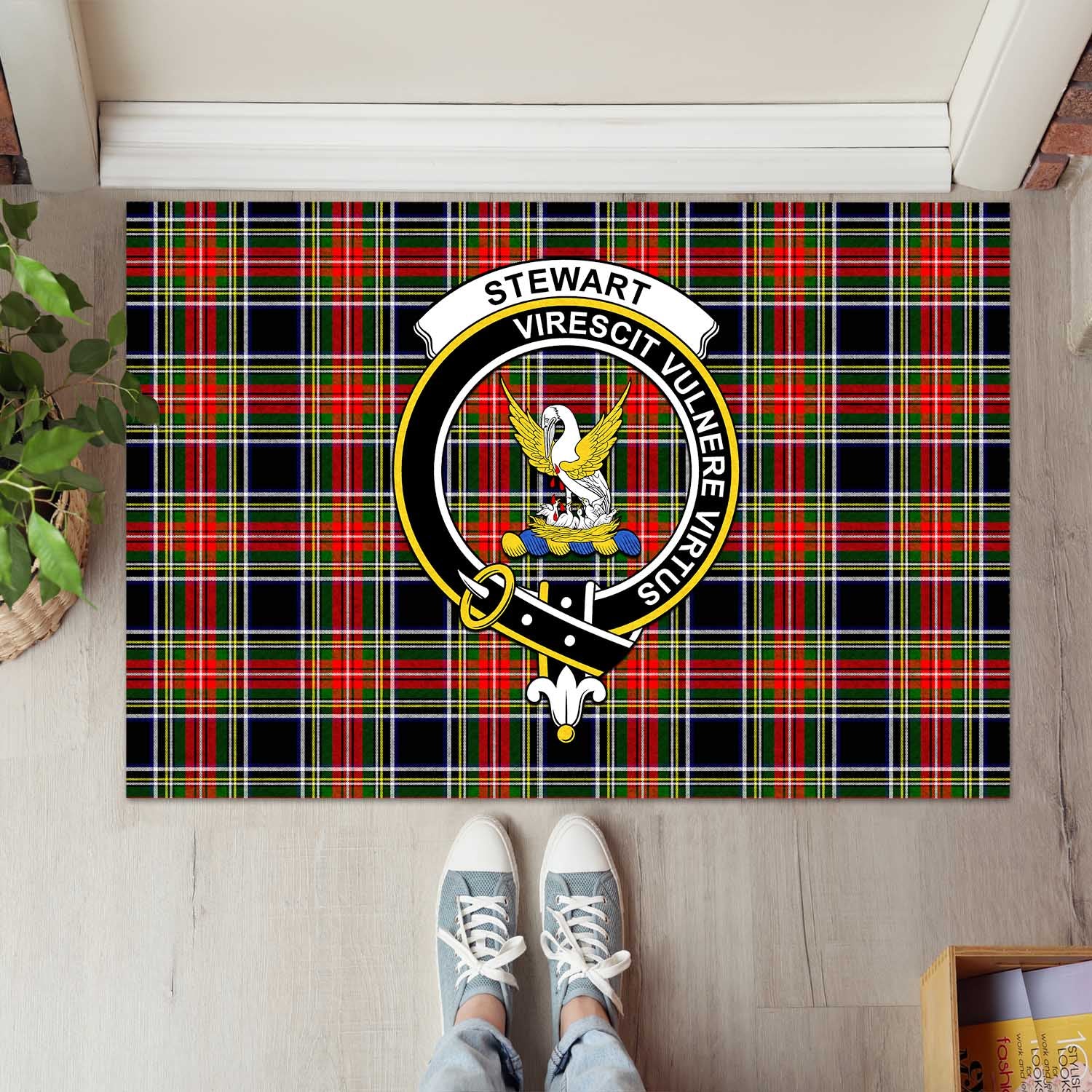 Stewart Black Tartan Door Mat with Family Crest - Tartanvibesclothing Shop