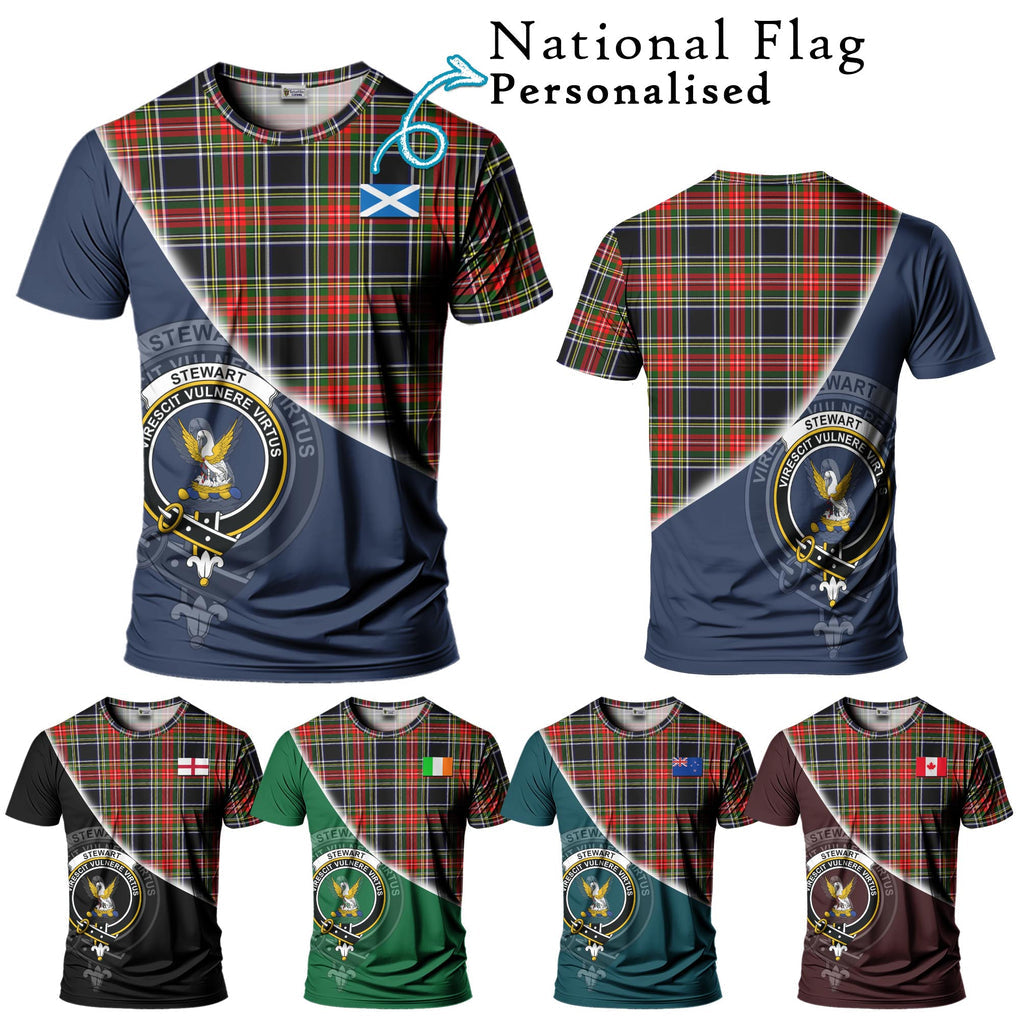 Stewart Black Tartan T-Shirt with Personalised National Flag and Family Crest Half Style Kid's Shirt - Tartanvibesclothing Shop