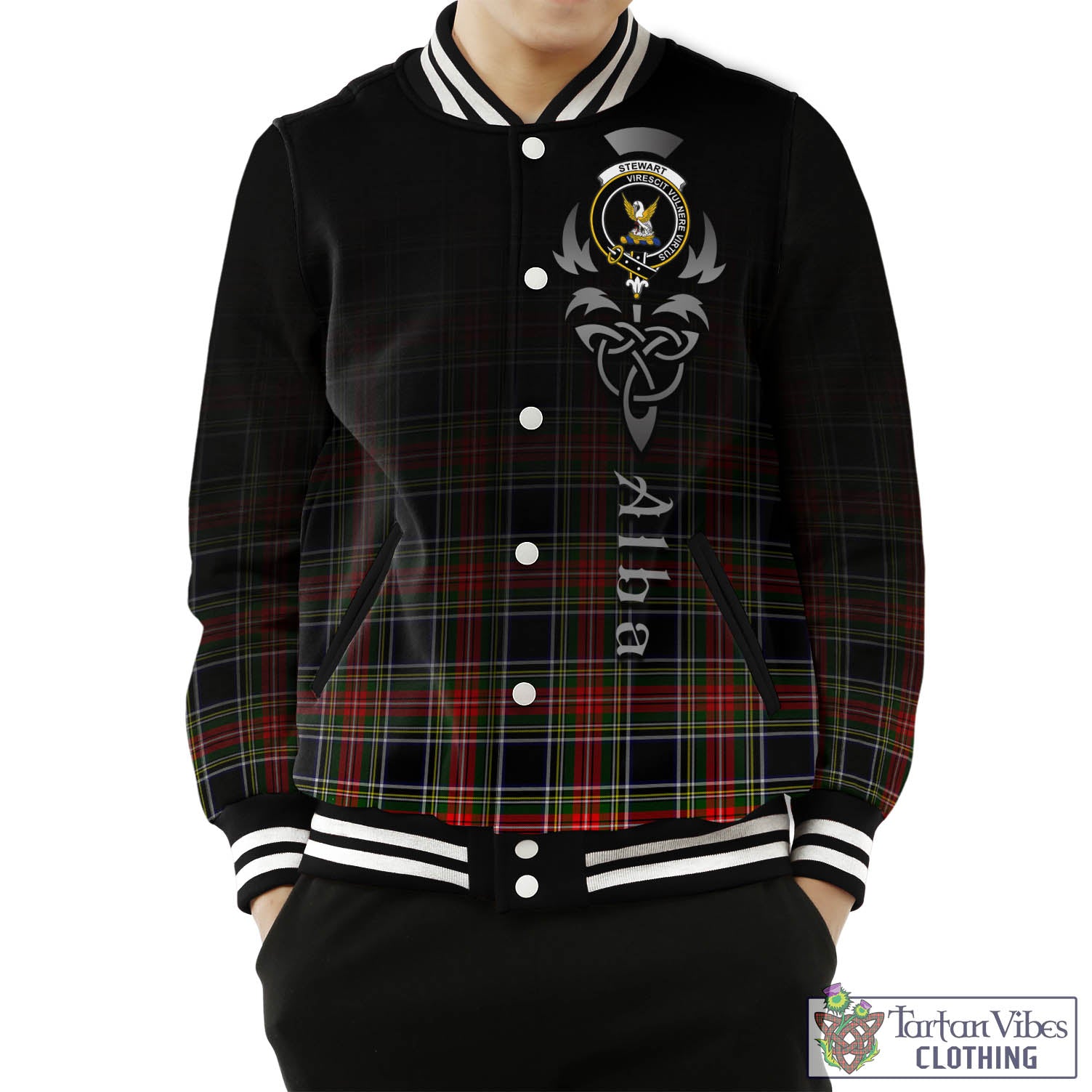 Tartan Vibes Clothing Stewart Black Tartan Baseball Jacket Featuring Alba Gu Brath Family Crest Celtic Inspired