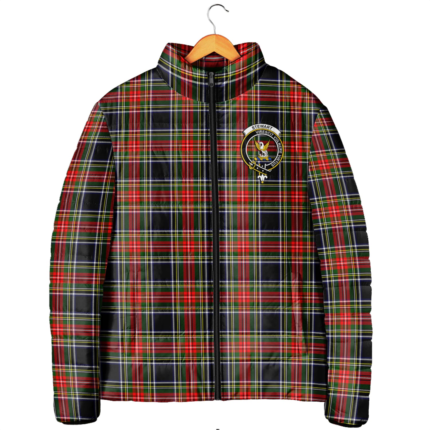 Stewart Black Tartan Padded Jacket with Family Crest Men's Padded Jacket - Tartan Vibes Clothing