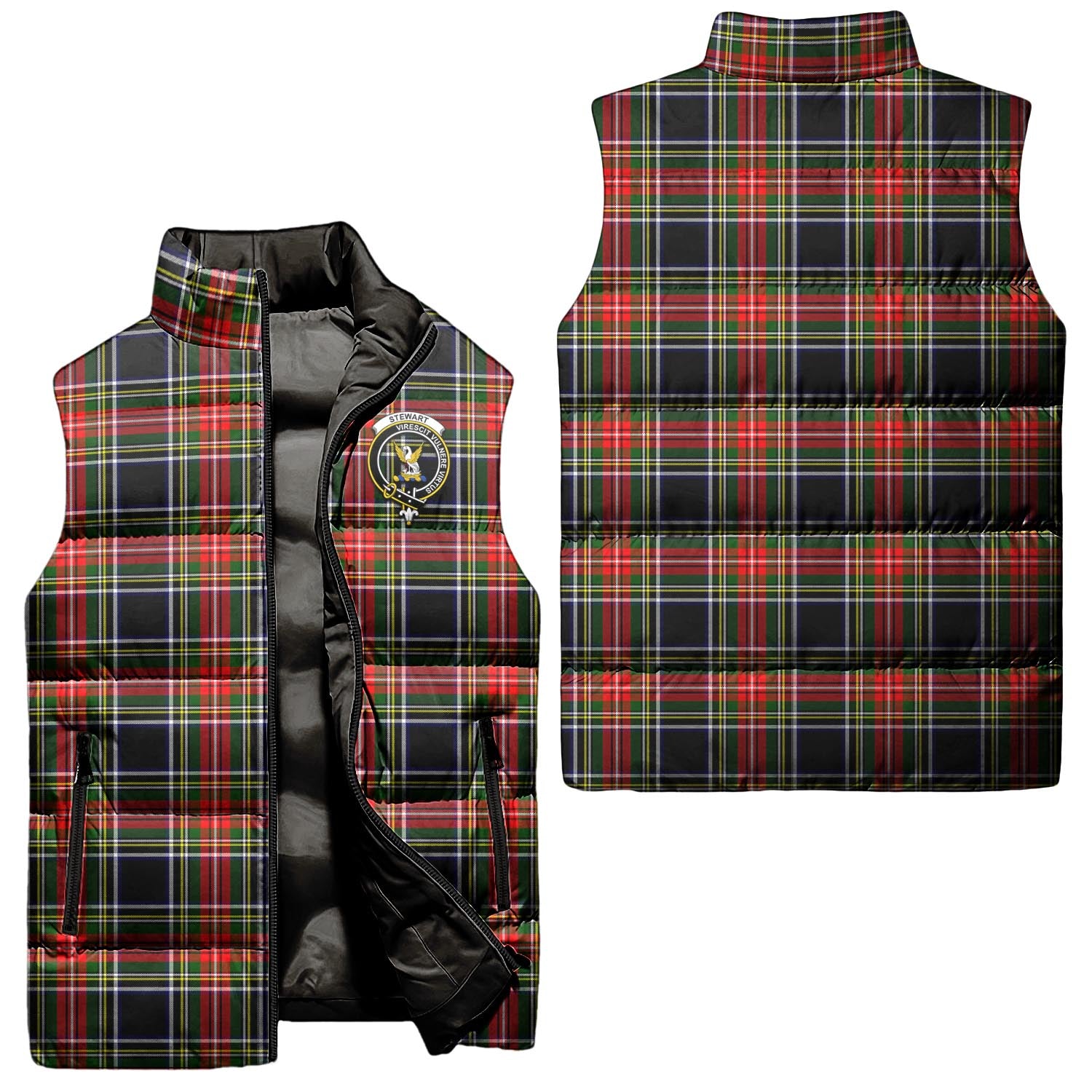 Stewart Black Tartan Sleeveless Puffer Jacket with Family Crest Unisex - Tartanvibesclothing