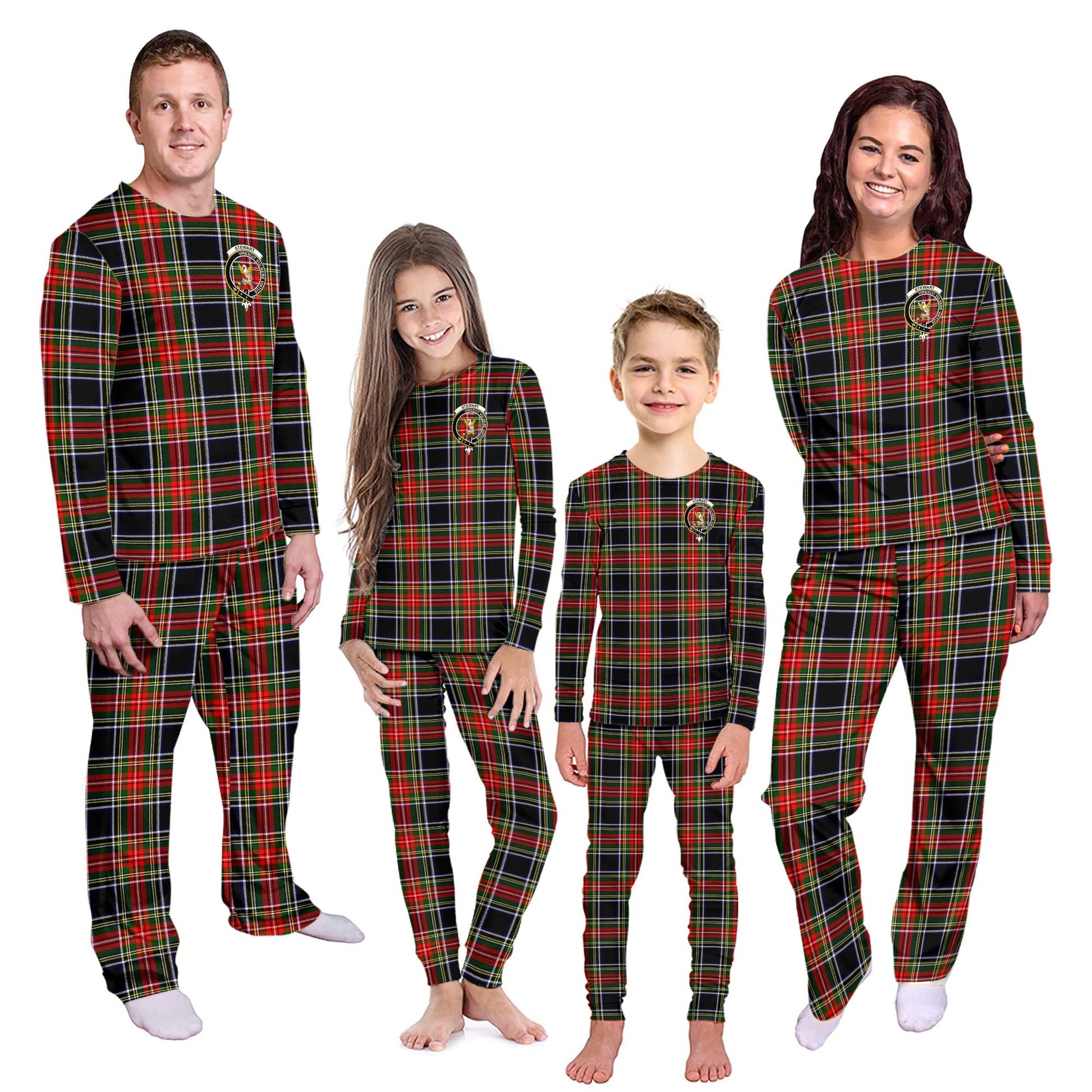 Stewart Black Tartan Pajamas Family Set with Family Crest - Tartanvibesclothing