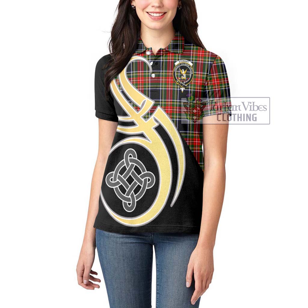 Stewart Black Tartan Women's Polo Shirt with Family Crest and Celtic Symbol Style Women - Tartan Vibes Clothing