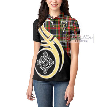 Stewart Black Tartan Women's Polo Shirt with Family Crest and Celtic Symbol Style